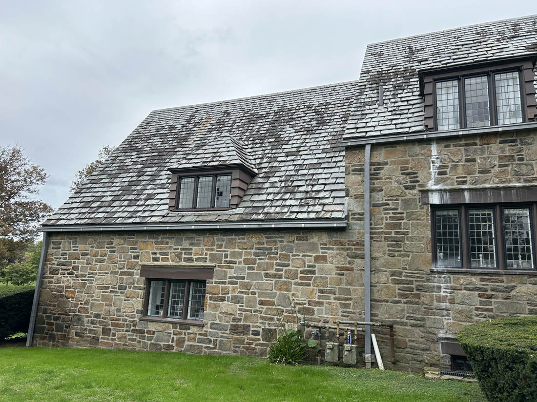 Before slate roof washing, soft wash